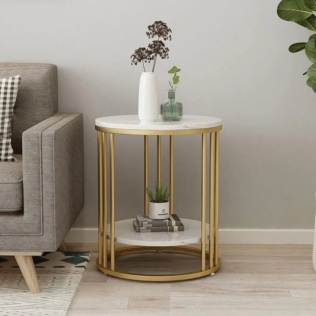 Side Table Round - Coffee Tables - Round Table - Side Tables Living Room - Shelf 2 Levels - Jewelry Storage - Metal Frame - Gold.