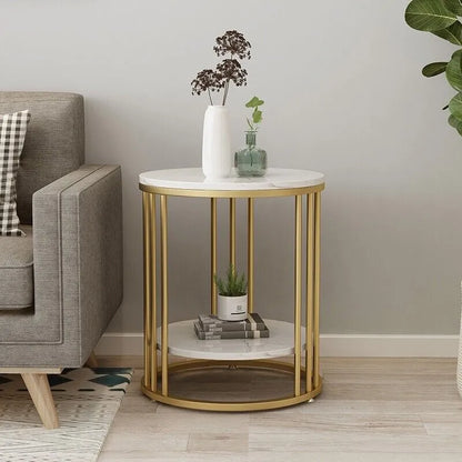 Tafel - Salontafels - Round Side Table - 2-Tier Marble Coffee Table - Bedside Table - Home Decor - 40x40x54cm - Gold