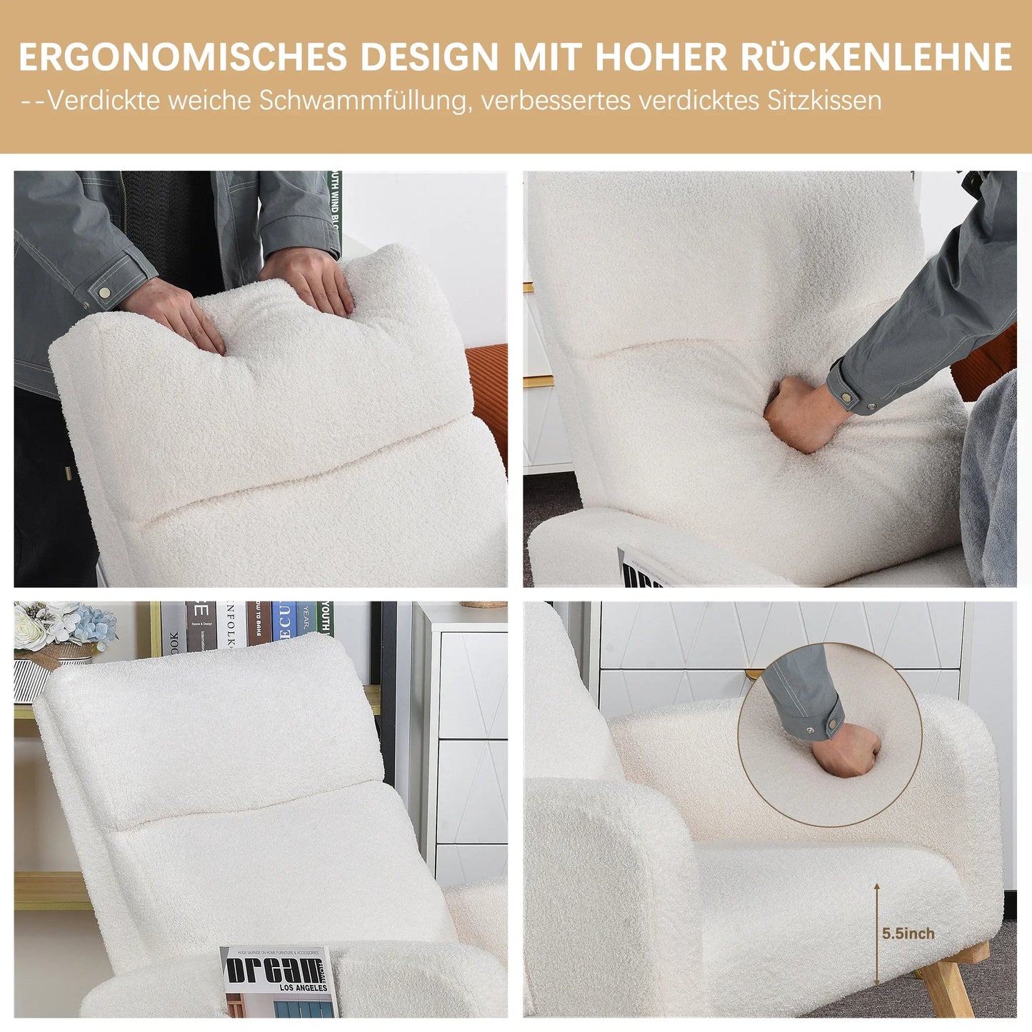 Schommelstoel – Schommelzetel – Relaxstoel – Wiegstoel – Ergonomisch Ontwerp – Houten Constructie - 69.2 x 78.5 x 87 cm - Lichtgrijs - QUORE