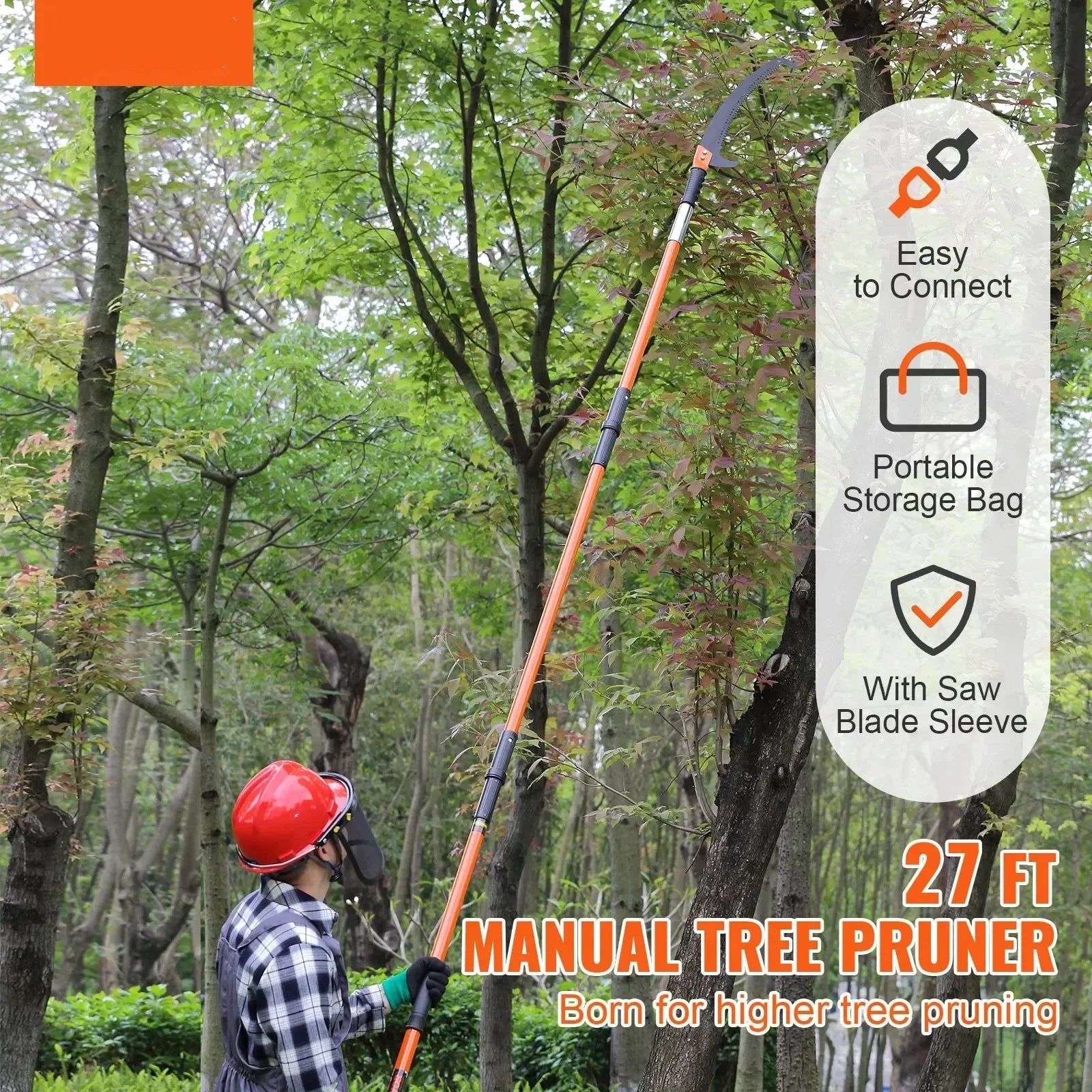 Knoptrimmer - Heggenschaar - Handmatige heggenschaar - 7,3-27 ft uitschuifbare boomsnoeier - Scherp stalen blad - Hoge takken trimmen - Handmatige takkenschaar - Oranje - QUORE