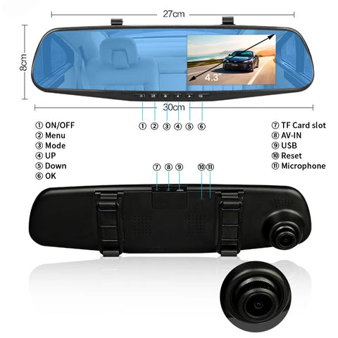 Dashcam 4.3 Inch - Full HD 1080P Auto Rij Recorder - Achteruitkijkspiegel DVR - Nachtzicht - Bewegingsdetectie - Zonder geheugenkaart - Zonder achteruitrijcamera - Zwart