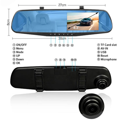 Dashcam voor Auto - Dashcam 4.3 Inch - Full HD 1080P Auto Rij Recorder - Achteruitkijkspiegel DVR - Nachtzicht & Bewegingsdetectie - Zonder Geheugenkaart - Zwart