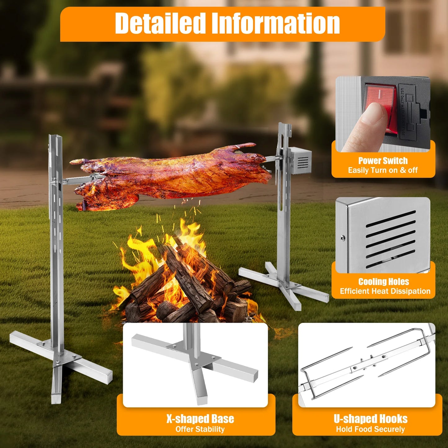 Elektrische Rotisserie – Barbecue Grill – Spit Grill – BBQ Draaispit – Roestvrij Staal – 360° Automatische Rotatie – Max 40 Kg Draagkracht
