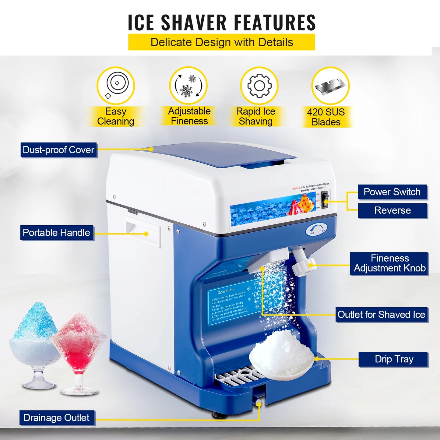 Ice Crusher - Schaaf ijsmachine - Slush Machine - 120kg Capaciteit - met Verstelbare Ijstextuur - 250W -   320 RPM - 29 x 39 x 43 cm - Blauw
