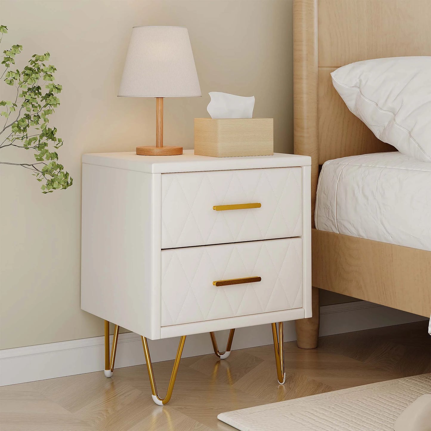 Nachtkastje – Bedside Table – Nachtkastje Set – Slaapkamer Kastje – Beige – 2 Lade Opbergruimte – Gouden Metalen Poten – PU Bekleding – 41x35,5x51 cm