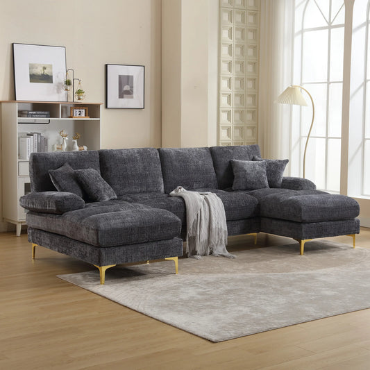 U-Vormige Bank – Hoekbank – Loungebank – Moderne Bank – Chenille Bekleding – Houten Frame – Gouden Metalen Poten