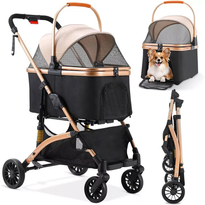 Hondenbuggy - 2-in-1 Wagen - Huisdieren - Vouwbare - Afneembare Reisdrager - en Autostoeltje - 360° Slijtvrije Rubberwielen - met Opbergmand - Gaasvensters - Drinkhouder - Voor Kleine Honden en Katten - Tot 40 kg - Zwart en Zilver
