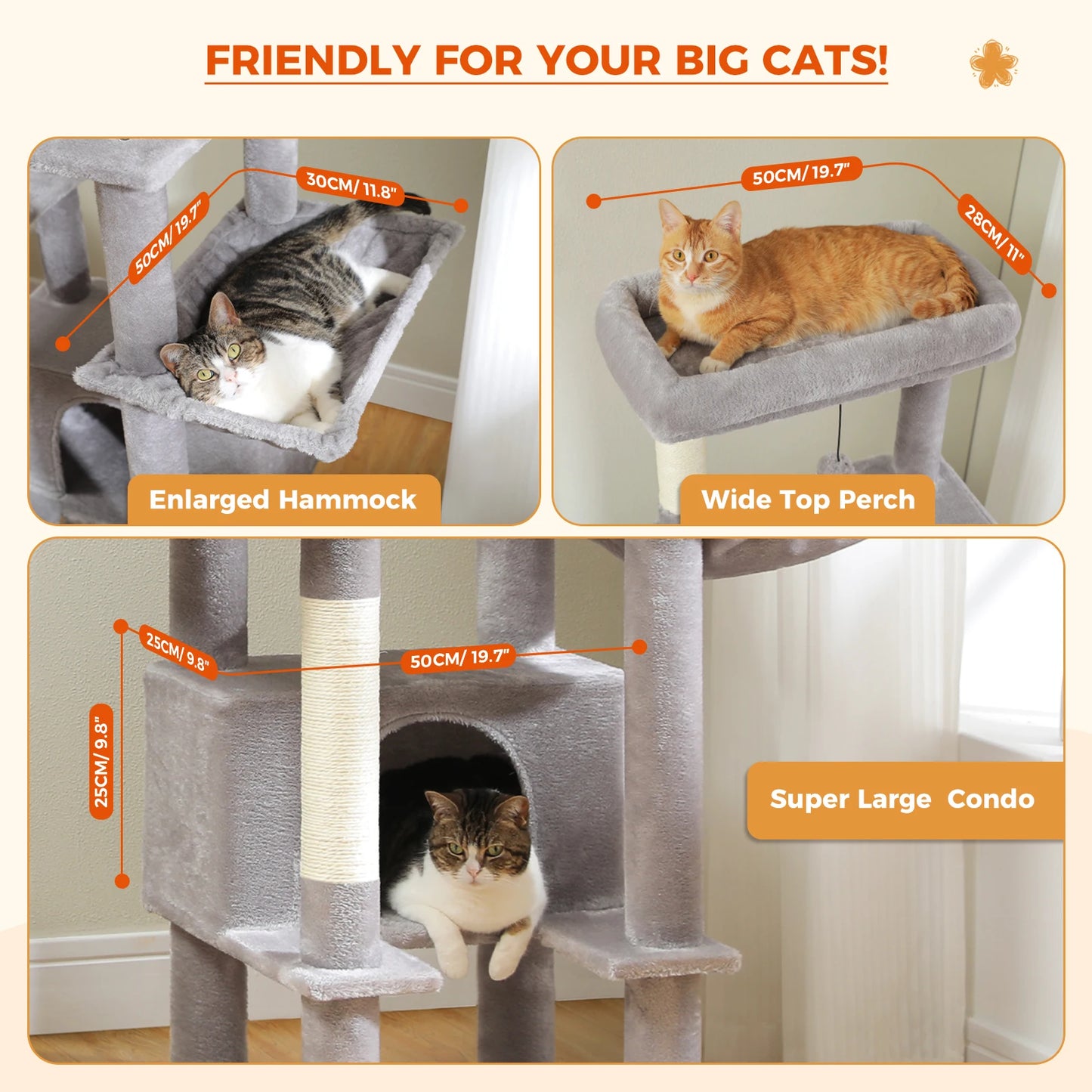 Krabpaal - voor Grote Katten – Kattenboom - met Sisal Krabpalen - 2 Grote Kattenhuizen - en Metalen Hangmat – Meerdere Verdiepingen - Arbre a Chat - XL - 168 cm Hoog – Geschikt voor Binnen – Stevig en Stabiel - Grijs - QUORE