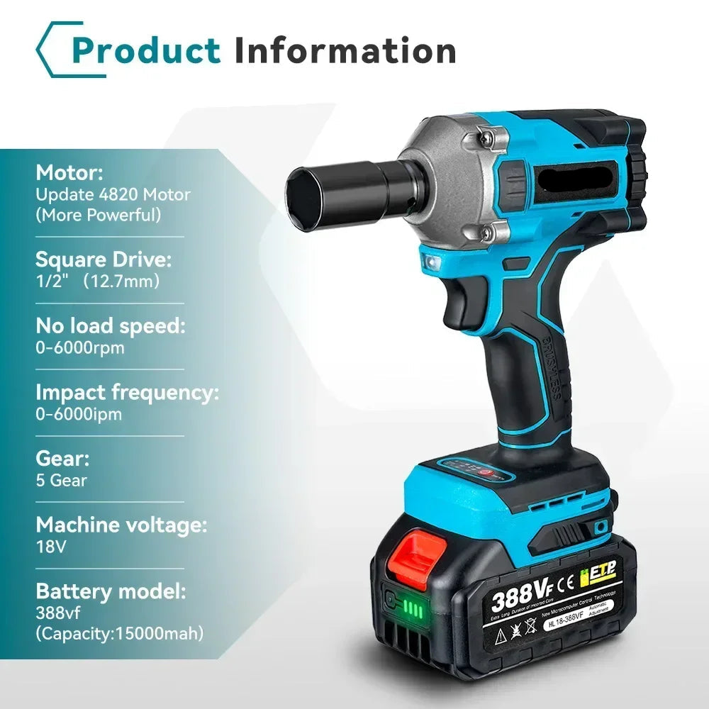Slagmoersleutel - Slagschroevendraaier - Slagmoermachine - Elektrische - Brushless - 1000Nm - 20V - 1/2 Inch - Slagmoersleutelset - Borstelloos, Snoerloos -Zonder Accu