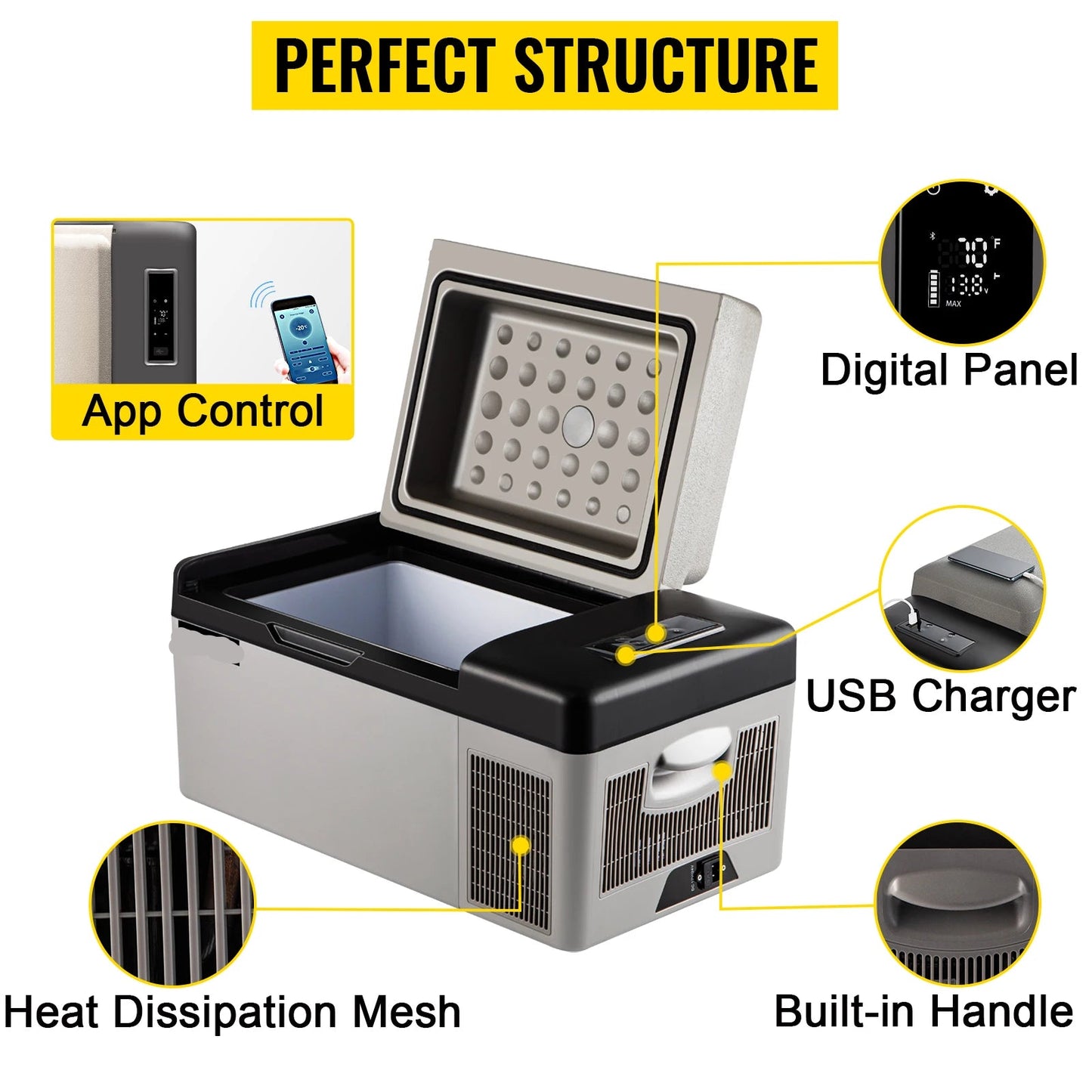 Draagbare Compressor Koelbox - Autokoelkast - Koelbox Auto - Minikoelkast - Elektrische Koelbox - 12/24V DC 110-240V - Auto Camping Koelbox - Mobiele App Bediening - 55L