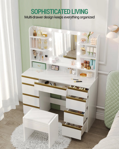 Kaptafel – Make-Up Tafel – Visagie Spiegel – Beauty Table – Met Dimbare LED-Verlichting – 9 Lades - QUORE