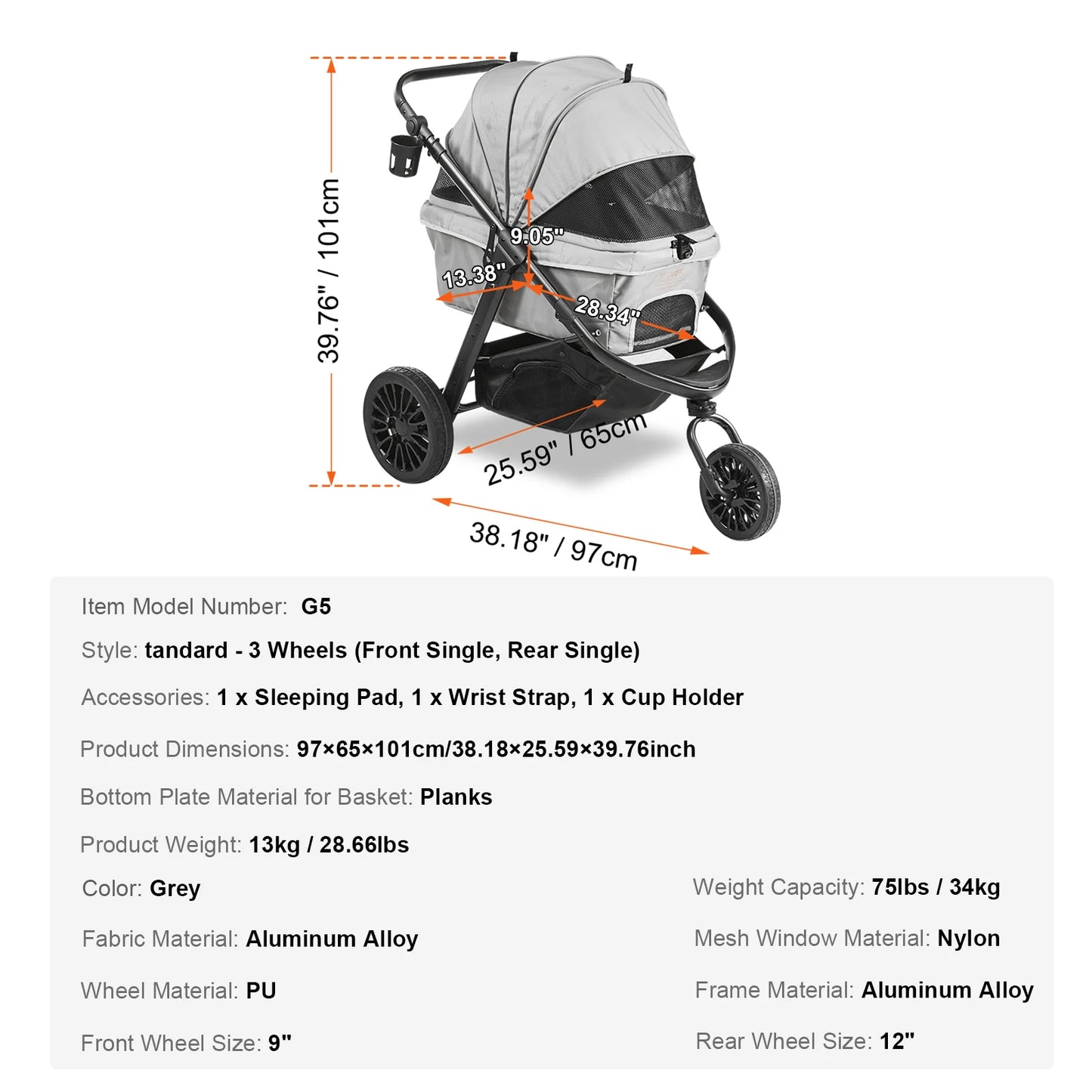 Hondenbuggy - Lichtgewicht - Huisdier Buggy - Hond en Kat Dierenwagen - Opvouwbare - met Rem - Verstelbaar Handvat - en Opslagmand - Duurzaam en Ademend - Grijs