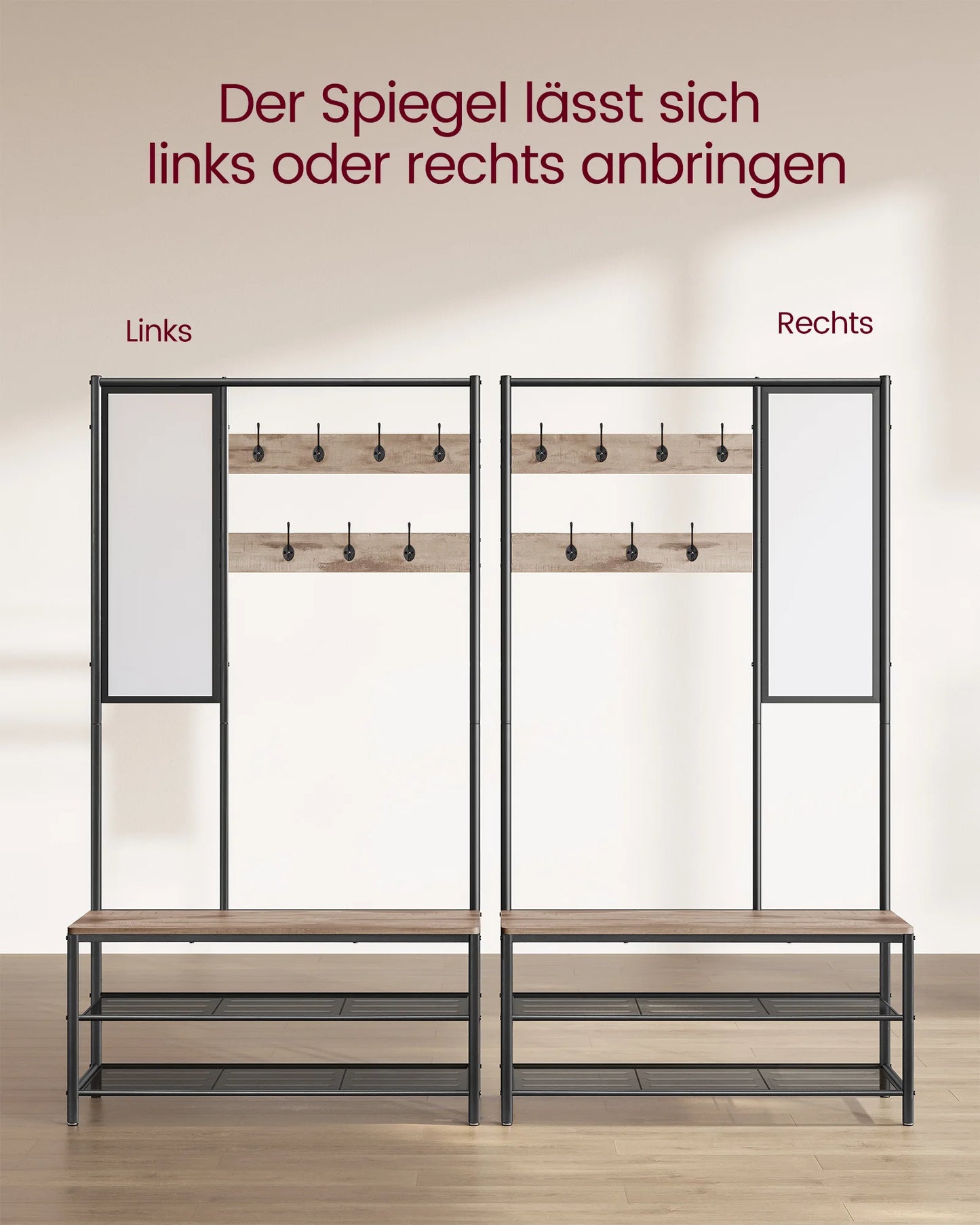 Multifunctionele Kapstok met Spiegel en Schoenenrek - 7 Haken - Zwart met Camel Bruin - 98 cm Bank en Verstelbare Plank - Robuuste Kledinghanger voor Hal en Entree