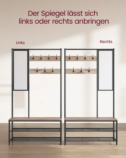 Multifunctionele Kapstok met Spiegel en Schoenenrek - 7 Haken - Zwart met Camel Bruin - 98 cm Bank en Verstelbare Plank - Robuuste Kledinghanger voor Hal en Entree