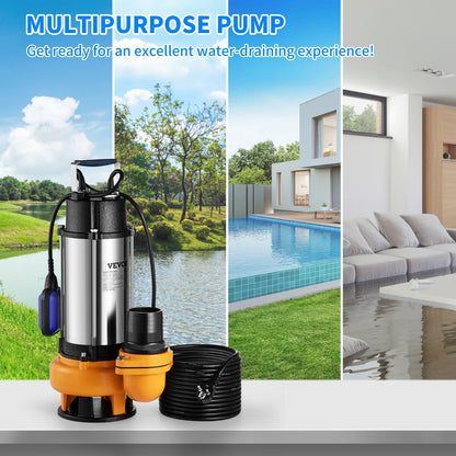 Vevor - Waste water pump - Submersible pump - Clean water pump - 1100W 1.5HP for pumping water from swimming pools, basements and hot tubs - Silver