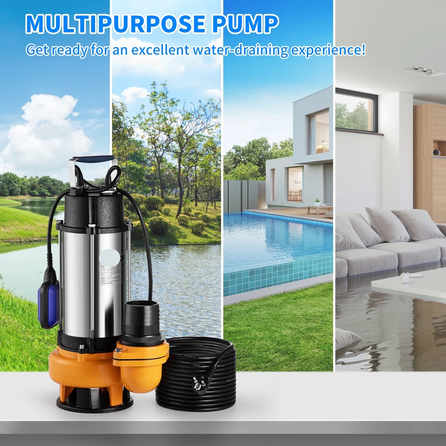 Vevor - Waste water pump - Submersible pump - Clean water pump - 2200W 3HP for pumping water from swimming pools, basements and hot tubs - Silver