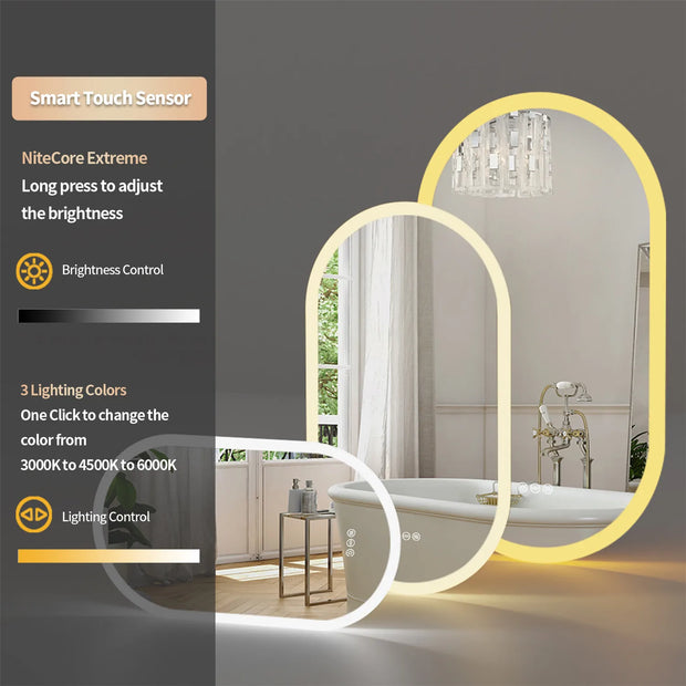 Badkamerspiegel - Badkamerspiegel met Verlichting - Ovaal - 3 Kleurinstellingen - Anti-condens Spiegel - 24W - 1000-5500 Lumen - IP65 - Input 220V/5A - Output 12V/3A - Aluminiumlegering Frame - HD Glazen spiegel - 20x48inch/50.8x121.92cm - Zilver