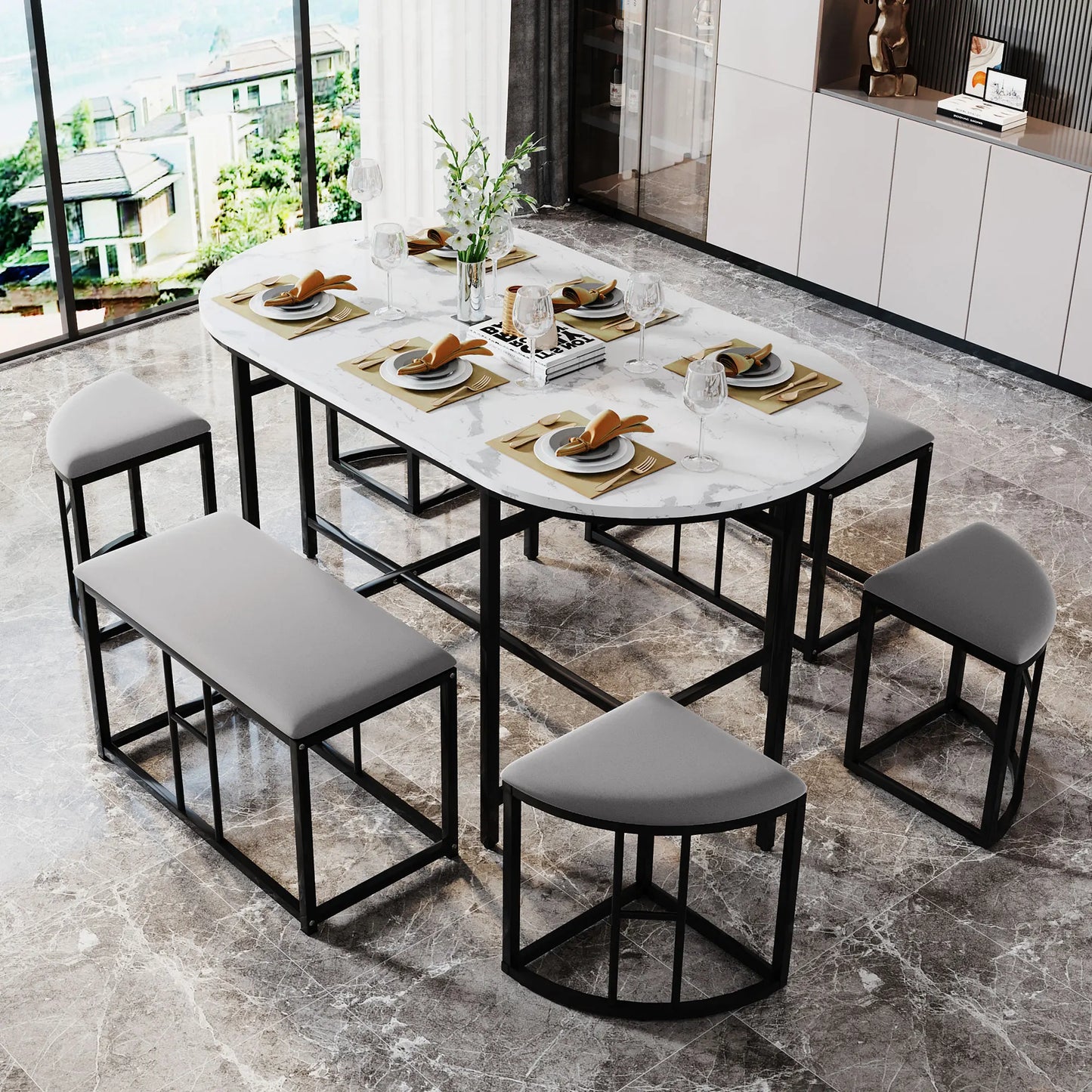 Eettafelset – Eettafel Met Krukjes – Eettafel Incl. Kruk – Moderne Eettafel – Marmerlook Tafelblad – Stevig MDF Frame - Grijs
