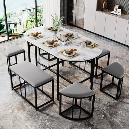 Eettafelset – Eettafel Met Krukjes – Eettafel Incl. Kruk – Moderne Eettafel – Marmerlook Tafelblad – Stevig MDF Frame - Grijs