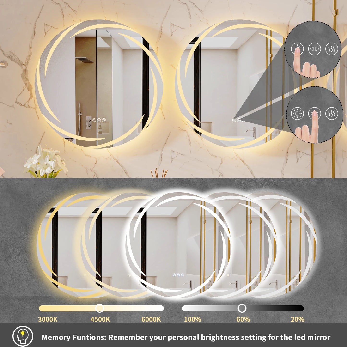 Anti-fog LED Badkamerspiegel – Verlichte Spiegel – Make-up Spiegel – Muurspiegel – Rond Spiegel – 80x80 cm – 3 Kleurtemperaturen – Schokbestendig Glas
