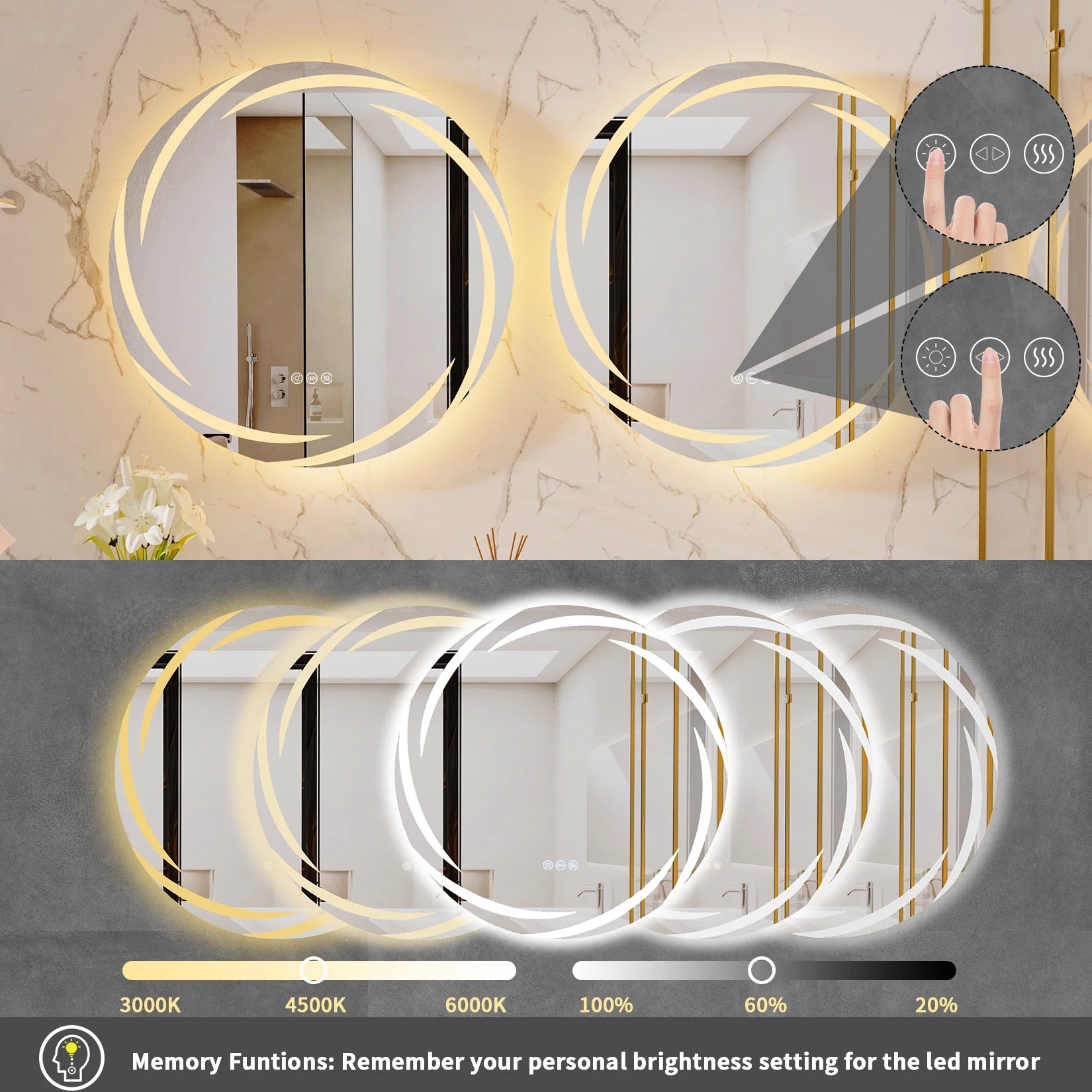 Badkamerspiegel - met LED - Wandspiegel Rond - Badkamerspiegel met Verlichting - Anti-condens - Dimbaar - Backlit - 3 Lichtkleuren - Touchscreen - IP56 Waterdicht - Draaduitgangsgroef - 60x60cm - QUORE