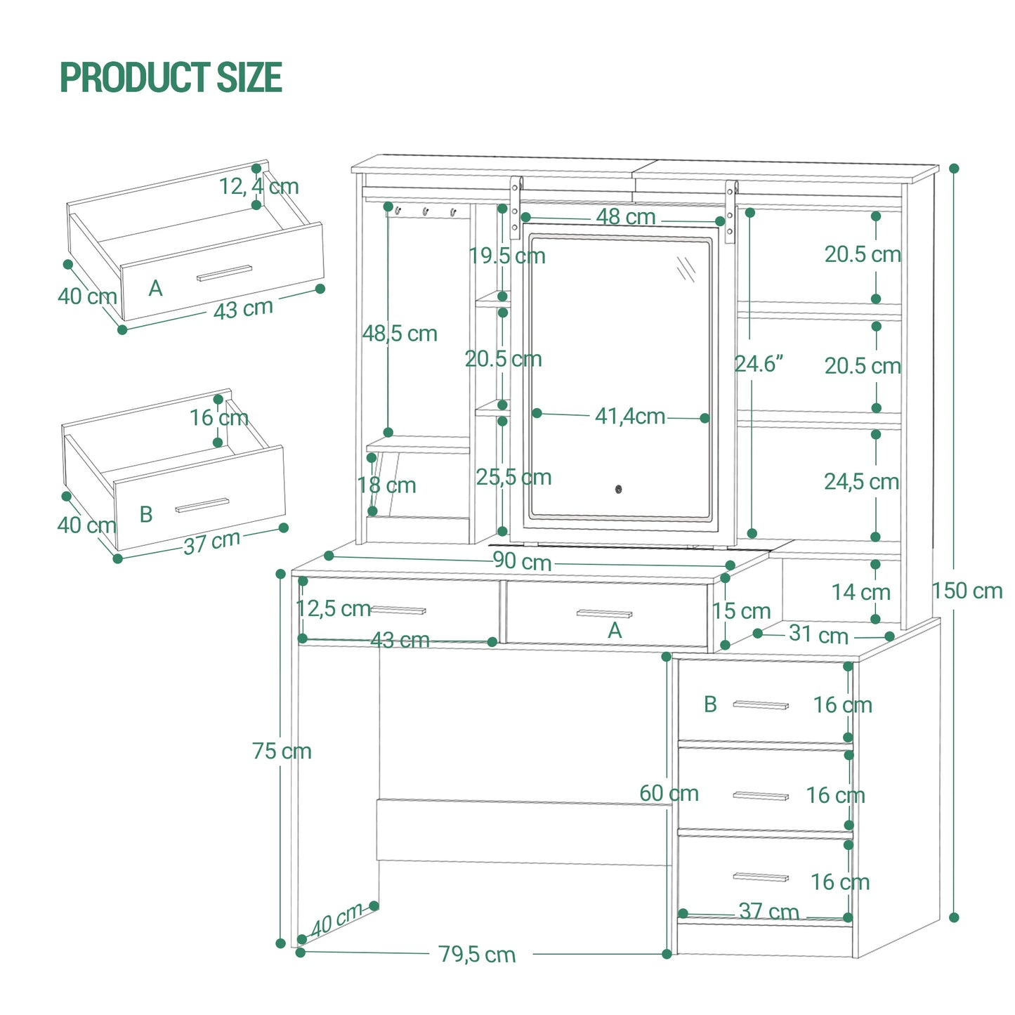 Kaptafel – Make-uptafel – Schminktisch – Dresser – Sieradentafel – Wit – Verstelbare LED-verlichting – Grote Schuifspiegel