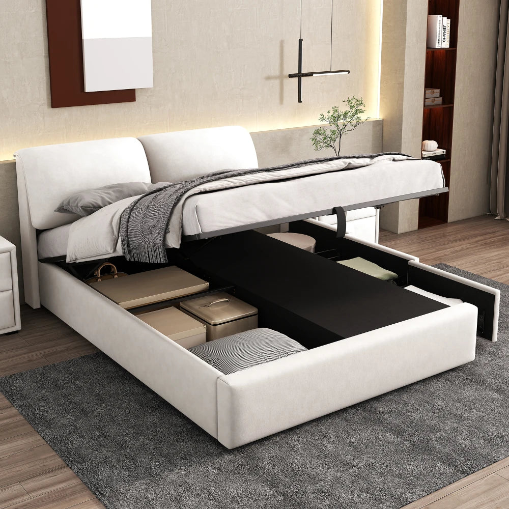 Velours Bed – Slaapbed – Opbergbed – Eenpersoonsbed – Bed Met Lades – Hydraulisch Opbergvak – Matrasmaat 140x200 cm – Houten Frame - Beige