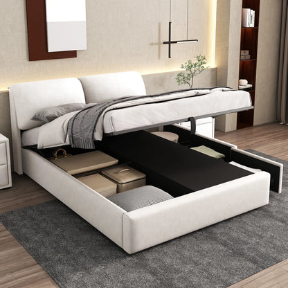 Velours Bed – Slaapbed – Opbergbed – Eenpersoonsbed – Bed Met Lades – Hydraulisch Opbergvak – Matrasmaat 140x200 cm – Houten Frame - Beige