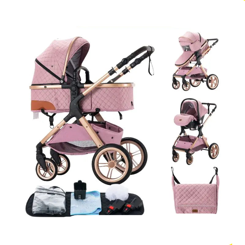 Stroller - Buggy - Kinderwagen 3-in-1 - Kinderwagens - Draagbare Reis Kinderwagen  - Hoogland Pram -Multifunctionele Aluminium Frame Kinderwagen - Hoge uitvoering - Hoge versie - Khaki
