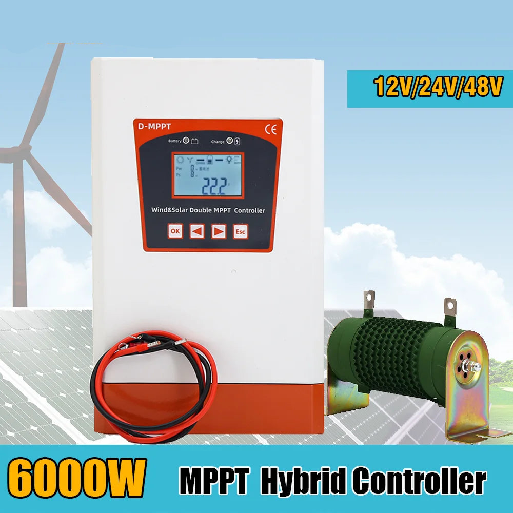 Dubbele MPPT Hybride Laadregelaar – Zonnepaneel Regelaar – Windmolen Controller – Acculader – Energiebeheer Systeem – 6000W Vermogen – Automatische Spanningdetectie 12V/24V/48V