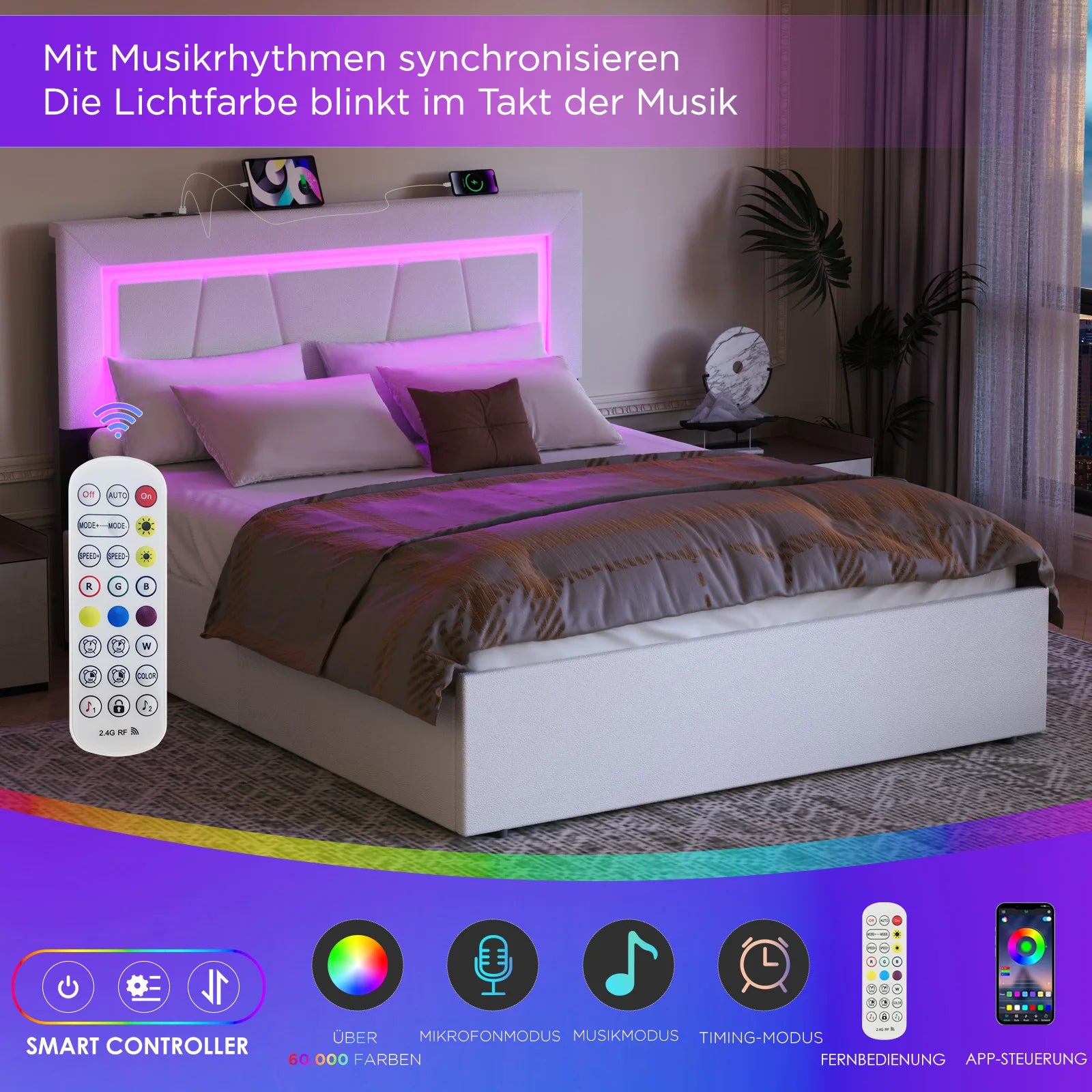 Bed – Bedframe – Boxspring – Tweepersoonsbed – Opbergbed – Met LED-verlichting – Inclusief USB- en Type-C-aansluitingen - 140x200cm - Wit - QUORE