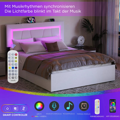 Bed Met Opbergruimte – Opbergbed – Led Verlicht Bed – Slaapbank Met Lades – Bedframe Met USB – Inclusief RGB LED Verlichting – Hoofdeinde Met Stopcontacten - 160×200cm - Wit - QUORE