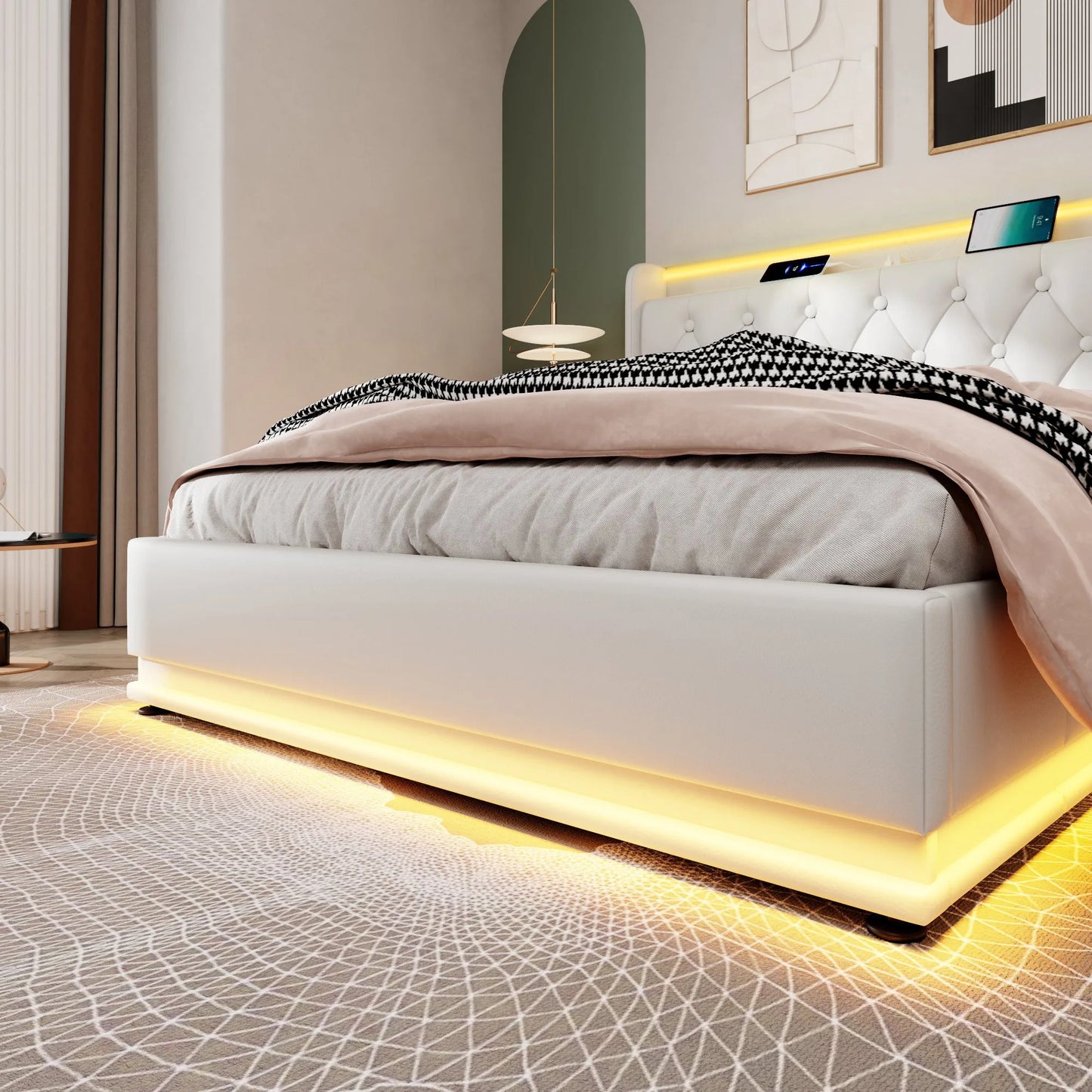 Hydraulisch Tweepersoonsbed – Opbergbed – Storage Bed – Bed Met Lade – Slaapbed – Beige 140x200 cm – Met Zacht Gestoffeerd Hoofdbord – Houten Frame Met Metalen Lattenbodem - QUORE