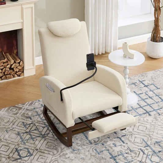 Schommelstoel – Schommelstoel Met Voetensteun – Relaxzetel – Schommelfauteuil – Lounge Stoel – Beige Corduroy Bekleding – Ergonomische Hoge Rugleuning Met Hoofdsteun