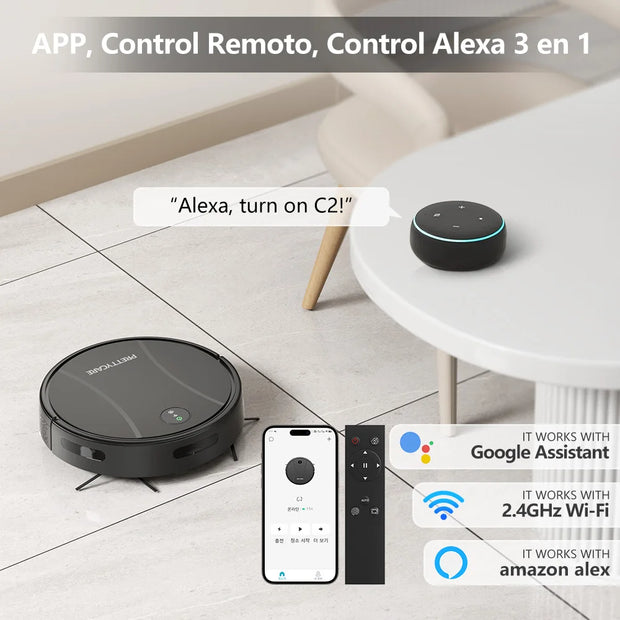 PrettyCare - Robotstofzuiger - Stofzuiger - Vloermop - HEPA-filter - 3000Pa - Alexa - WiFi - App - Zwart