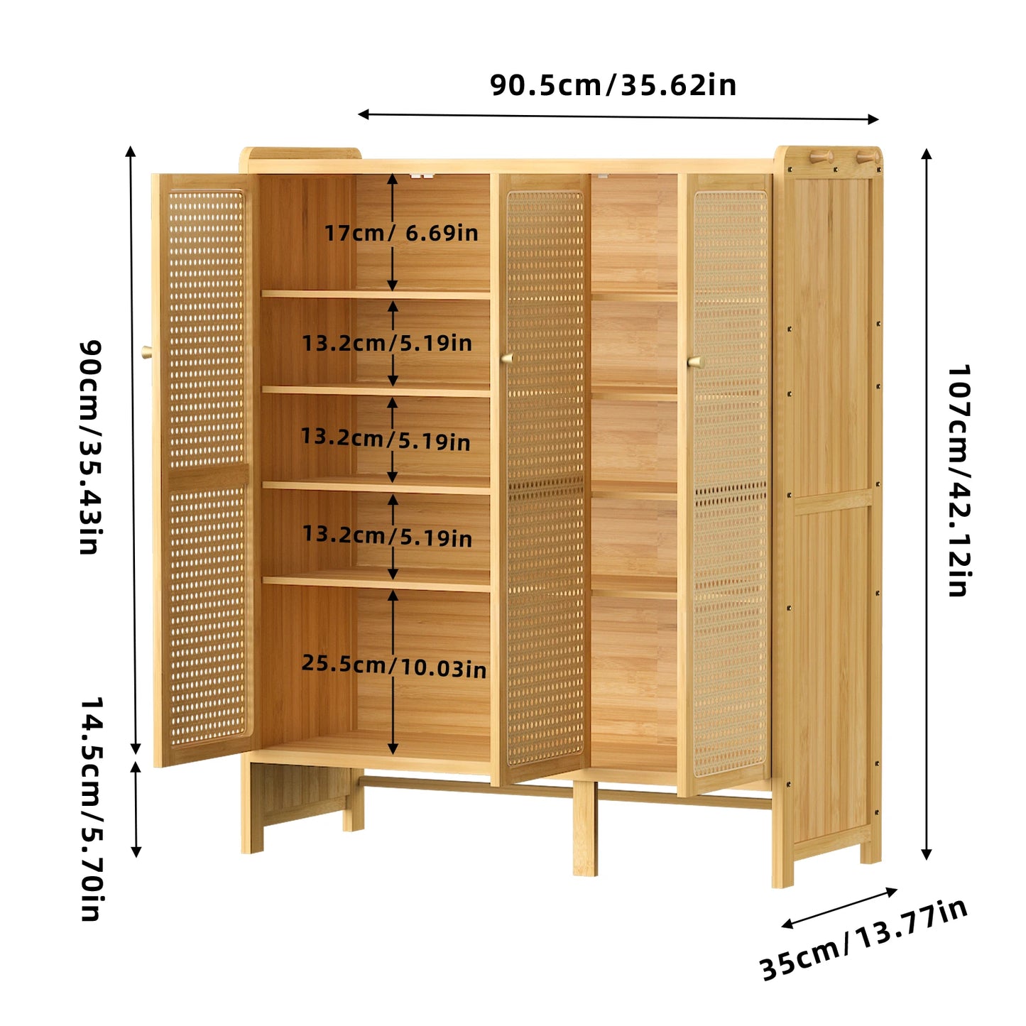 20 Pairs Bamboo Shoe Storage Cabinet 107cm Tall Rattan Shoe Cabinet with Doors and 6-Tier Shelves for Entryway Hallway Closet
