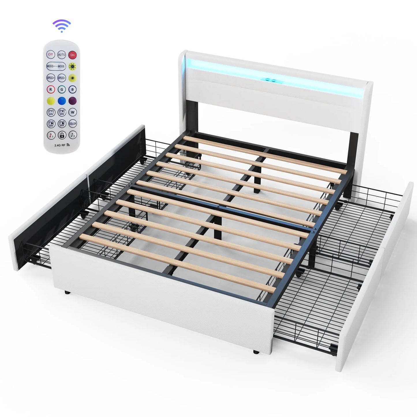 Bedframe met Opbergruimte – Opbergbed – Gestoffeerd Bed – Tweepersoonsbed – Boxspringbed – Met LED-verlichting – Metaal en MDF – 90x200 cm - QUORE
