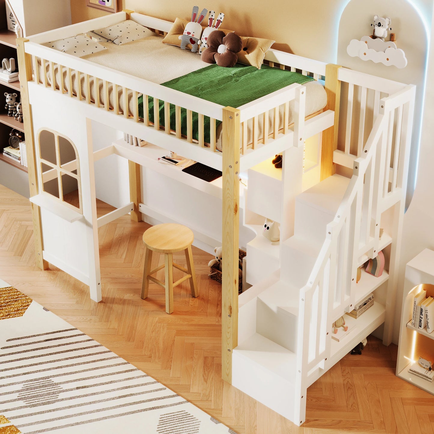 Hoogslaper – Kinderbed – Stapelbed – Bedframe – Huisvormig Bed – 90x200 cm – Massief Hout – Veel Opbergruimte Met Kastjes En Trap