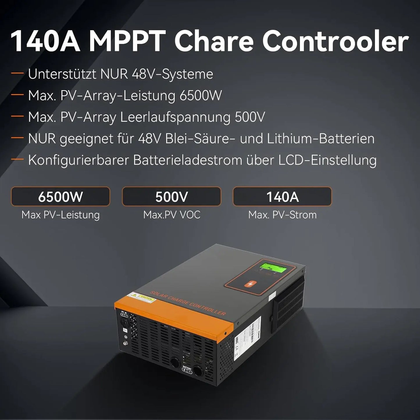 140A MPPT Zonnelader – Solar Charger – Zonnepaneellader – Batterijlader – Laadregelaar – 60-450V MPPT Voltage – Instelbare 10-140A Laadstroom