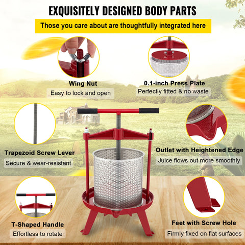 Vevor - Hand press - Fruit wine press - Manual press - for winemaking - 14L - Stainless steel - Red