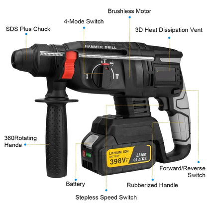 Accuboormachine - Boorhamer - Accu Schroefboormachine - Brushless Accu Boorhamer - 26MM - Multifunctionele Schroefmachine met 2 Batterijen