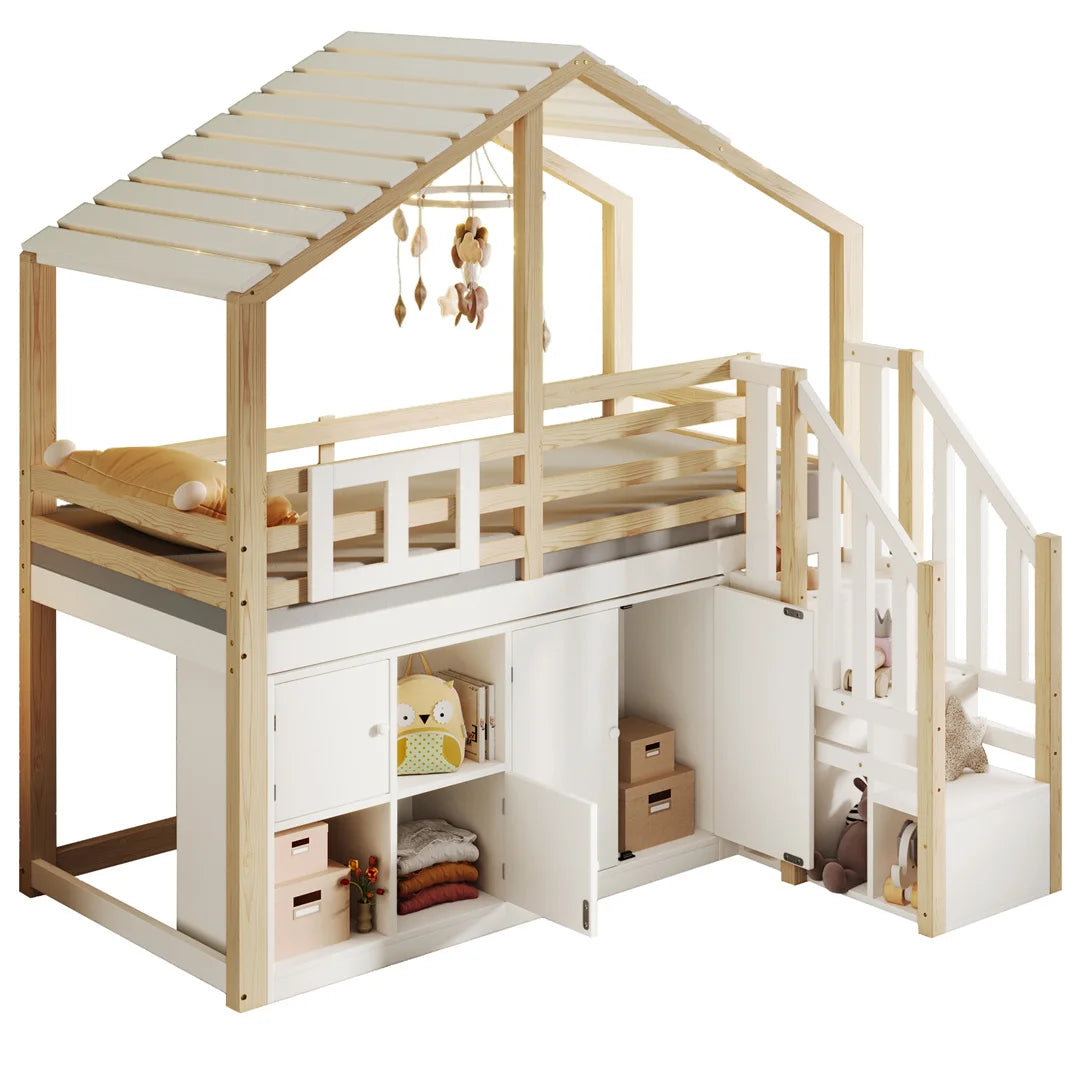 Hoogslaper – Kinderbed – Huisbed – Stapelbed – Hochslaper Kind – Massief Houten Frame – Slimme Opbergruimte Met Kast En Trap