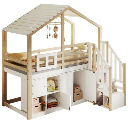 Hoogslaper – Kinderbed – Huisbed – Stapelbed – Hochslaper Kind – Massief Houten Frame – Slimme Opbergruimte Met Kast En Trap