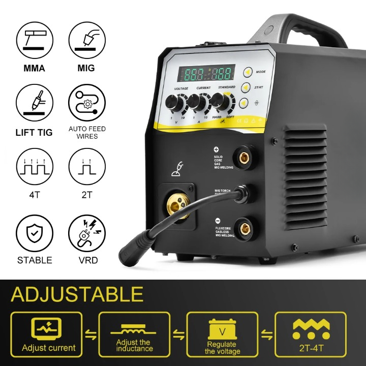 Elektrode Lasmachine - Lasmachine - Lasapparaat - Digitaal Inverterlassen - Draagbare MIG-lasser - AC 230V - 50/60Hz - AC - DC - MIGCO2 - LIFT TIG - ARC - IGBT - 250A - 53 x 29 x 48 cm - Zwart