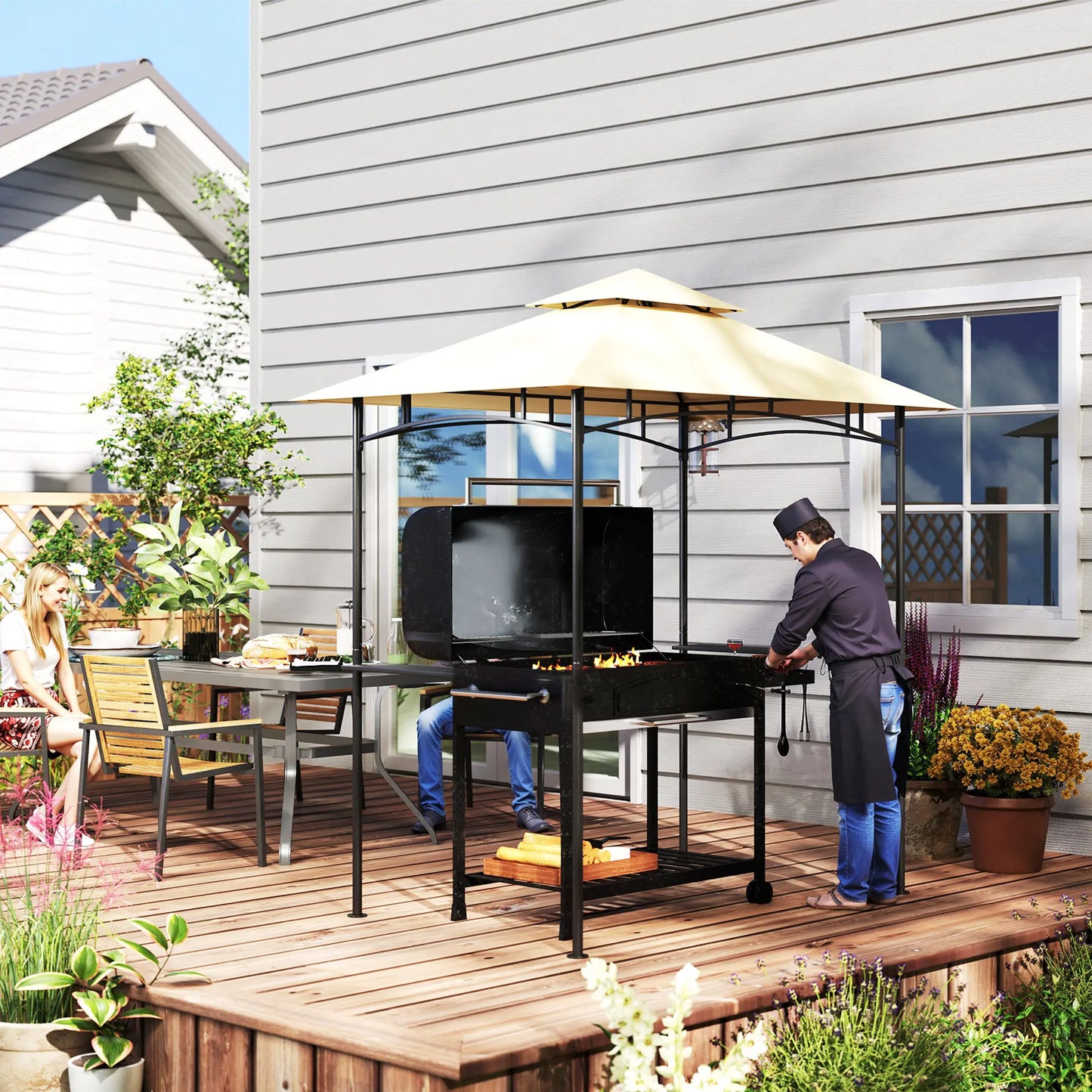 Barbecuepaviljoen – Grillpaviljoen – Buitenkeuken Overkapping – Barbecue Overkapping – Dubbele Daklaag – Weerbestendig Staal - Beige