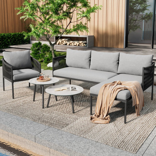 Loungeset – Hoek Loungeset – Stoel-bank Loungeset – Tuinset – Loungeset Voor 4 Personen – Weerbestendig Gegalvaniseerd Staal – Handgeweven Armleuningen