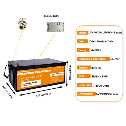 24V 100Ah LiFePO4 Accu – LiFePO4 Batterij – Lithium Accu – Thuisbatterij – Zonne-energie Accu – 2560Wh Capaciteit – Lange Levensduur & Veiligheid