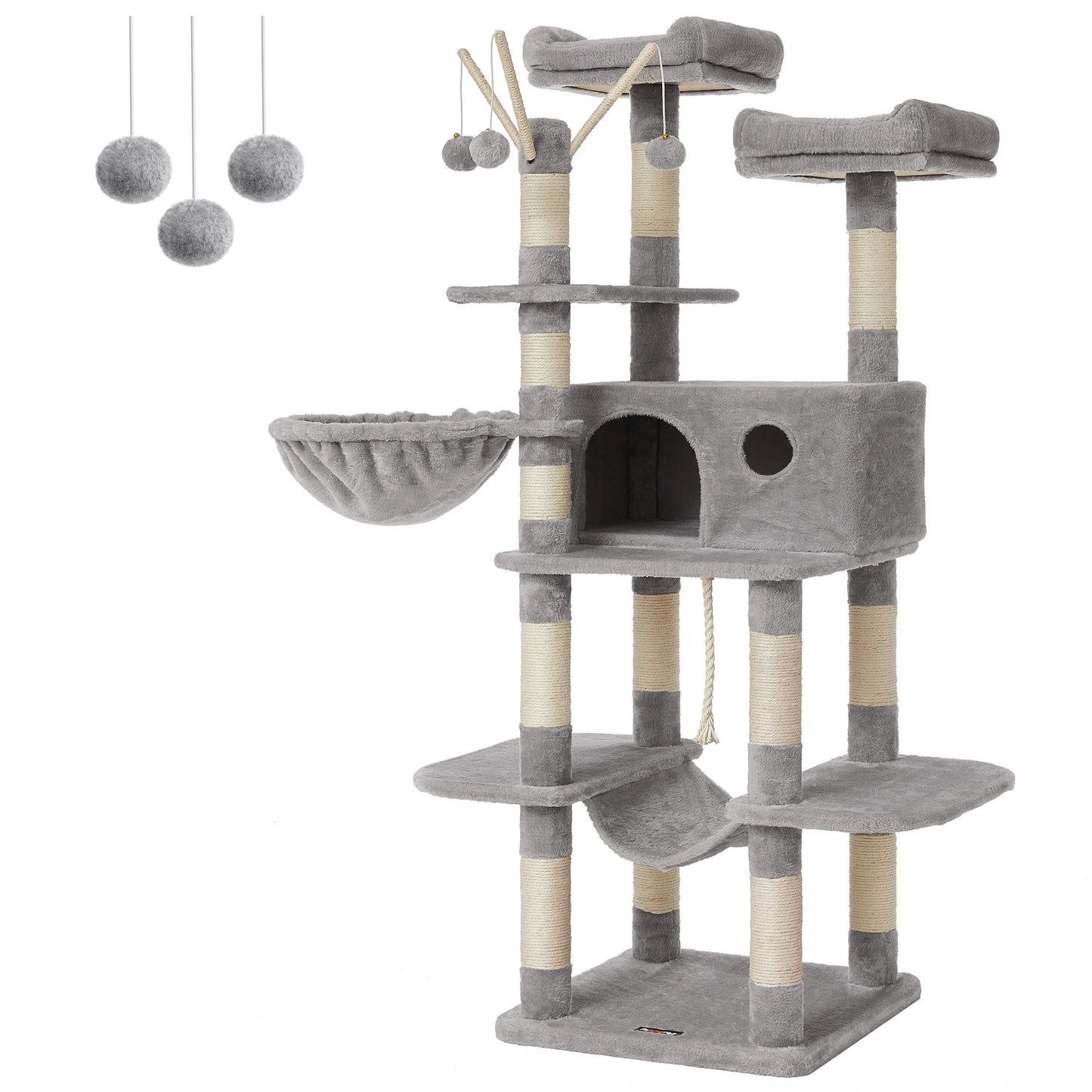 Krabpaal - Kattenboom - met Grote Cave - Arbre a Chat - 3 Platforms - XL - 164 cm - Meerdere Verdiepingen - Krabplank - en Sisal Riem - Stabiel - Geschikt voor 3 Katten - Houten Constructie - Lichtgrijs