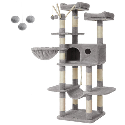 Krabpaal - Kattenboom - met Grote Cave - Arbre a Chat - 3 Platforms - XL - 164 cm - Meerdere Verdiepingen - Krabplank - en Sisal Riem - Stabiel - Geschikt voor 3 Katten - Houten Constructie - Lichtgrijs