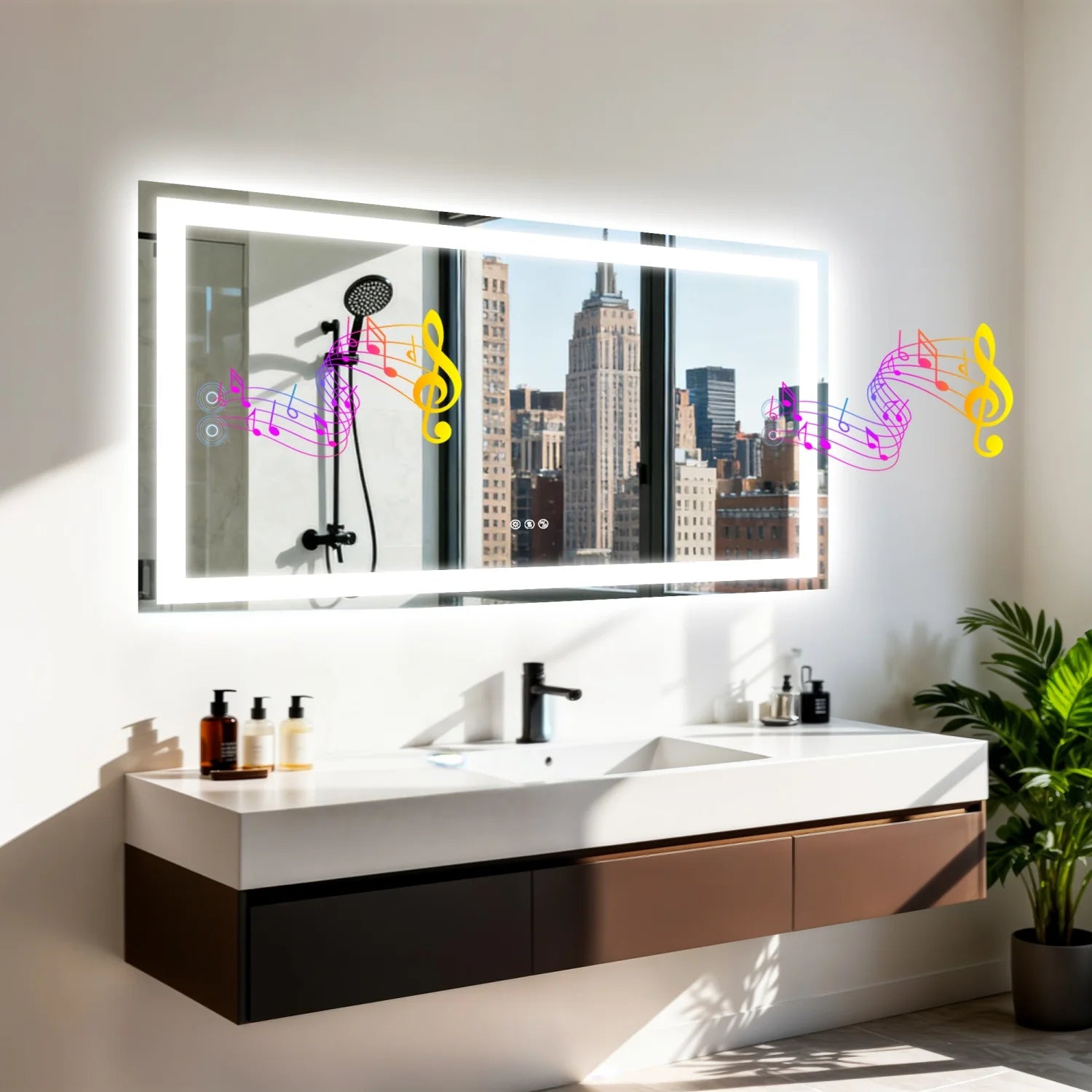 LED Badkamerspiegel – Spiegelpaneel – Lichtspiegel – Make-up Spiegel – Badkamer Wandspiegel – 50x70 cm – Ingebouwde Bluetooth Speaker – Anti-Fog Met Dimbaar LED-Licht - QUORE
